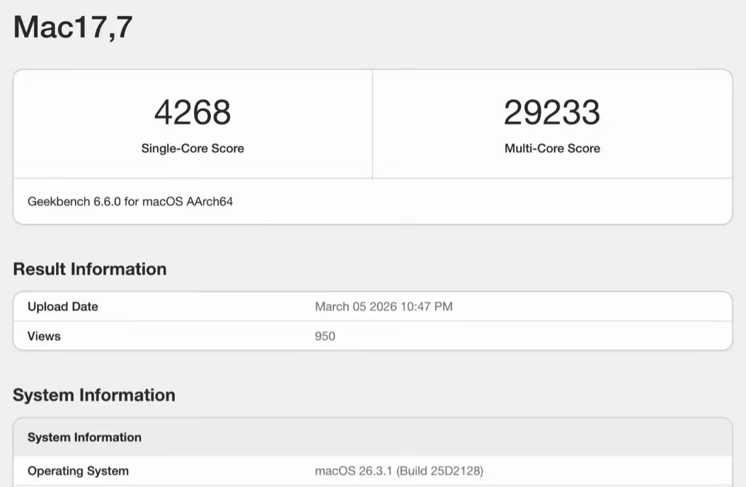 M5 Max芯片款16英寸MacBook Pro现身Geekbench 跑分刷新性能纪录